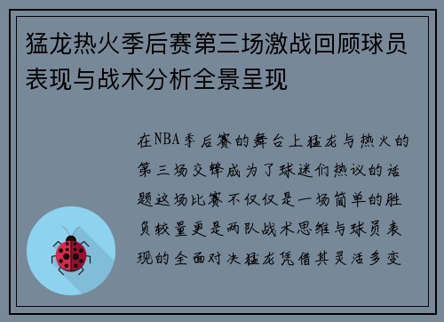 猛龙热火季后赛第三场激战回顾球员表现与战术分析全景呈现