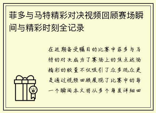 菲多与马特精彩对决视频回顾赛场瞬间与精彩时刻全记录